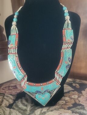 Tibetan Silver Collar Necklace With Turquoise, Coral & Lapis